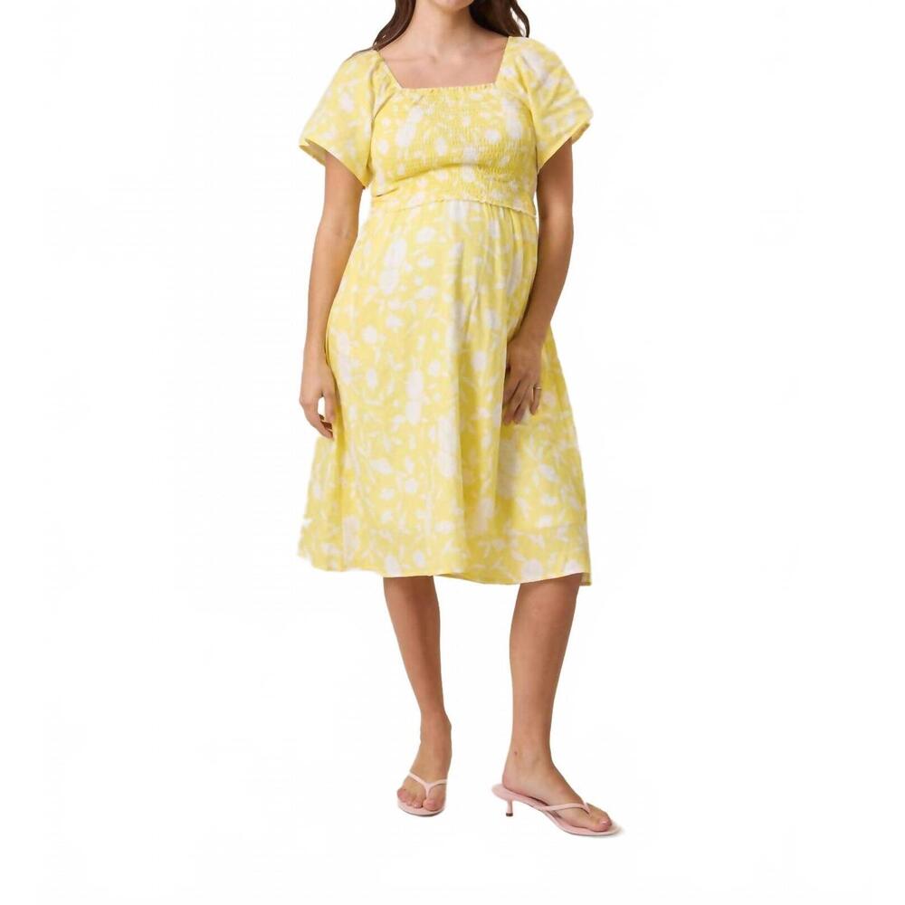 NEW KINDRED BRAVELY lola smocked maternity & nursing midi dress in yellow floral